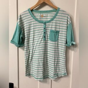 Carhartt L Green Striped Button Neck Baseball Tee